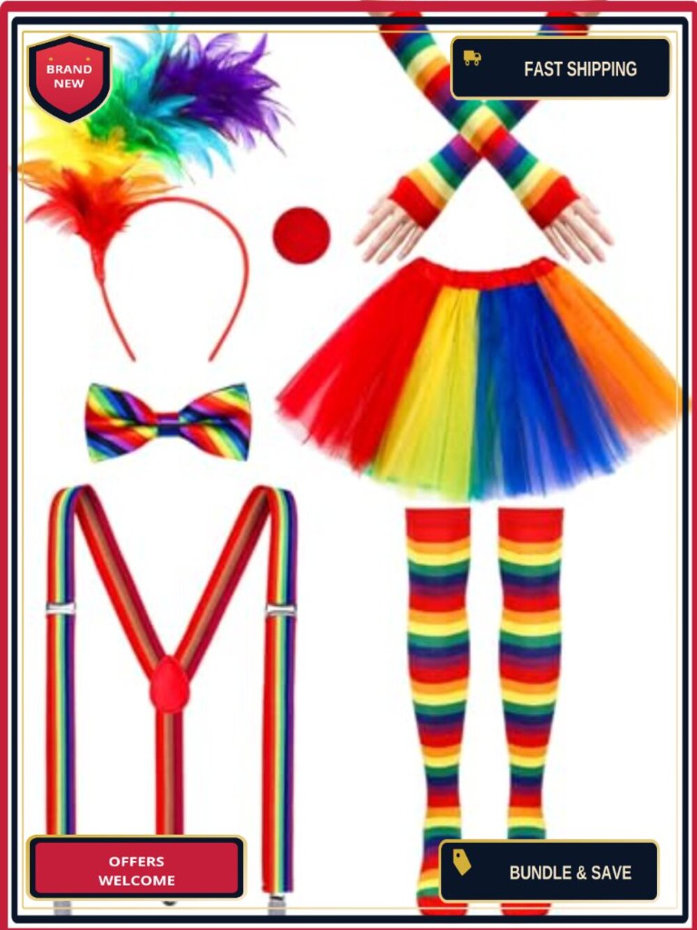 7Pc Clown Costume Set Women Circus Feather Headband Suspenders Tutu